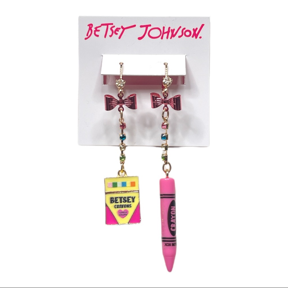 Betsey Johnson Box of Crayons Dangle Earrings Mismatch Pink Yellow